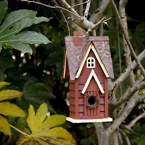 Glitzhome 12" H Distressed Red Cottage Solid Wood Birdhouse Hanging Bird House for Outdoors