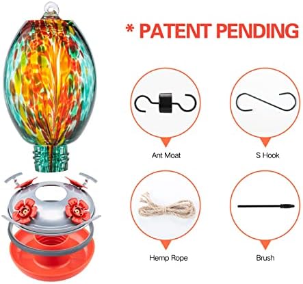 Muse Garden Glass Humming Bird Feeders for Outdoors - 27OZ Blown Glass Hummingbird Feeder - Unique Gift for Mom Women, Outdoors Hanging Garden Decor, Includes Ant Moat & Brush, Emerald Peacock