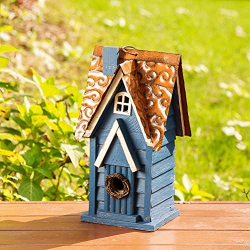 Glitzhome 12" H Retro Blue Distressed Solid Wood Cottage Birdhouse Hanging Bird House for Outdoors