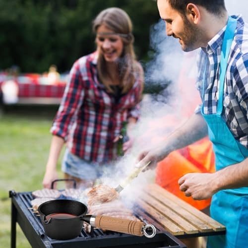BBQ Mop Brush and Cast Iron Sauce Pot Set, 8Pcs Barbecue Accessories Include Basting Melting Pot, 2 Size Wooden Handle Sauce Mops with 4Pcs Replacements and Oil Brush for Meat Smoker, Grill, Stove