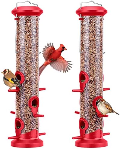 Kingsyard 2 Pack Tube Bird Feeders for Outdoors Hanging, Premium Hard Plastic Bird Feeder with 6 Feeding Ports, Weatherproof & Steel Hanger, Attracting for Wild Birds (Red)