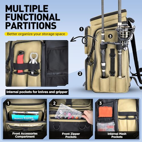 PLUSINNO Fishing Backpack with Rod Holders, 42L Water-resistant Fishing Tackle Bag With 4 Tackle Boxes,Fishing Gear For Camping, Hiking, Fishing Gifts for Men Khaki