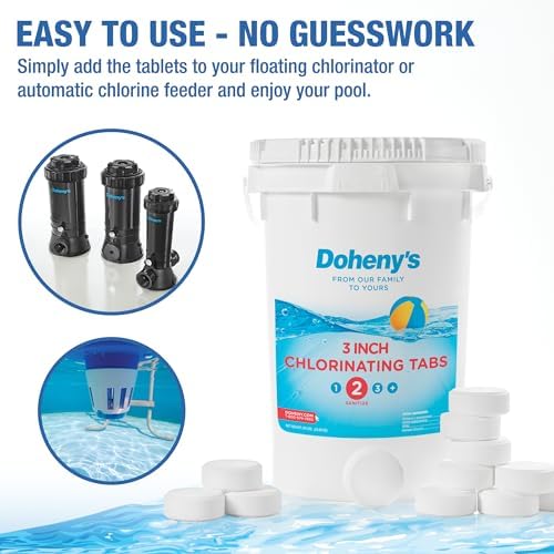 Doheny’s 3-Inch Stabilized Chlorine Tablets | 99% Pure Tri-Chlor, 90% Available Chlorine | Long-Lasting, UV-Protected, Slow-Dissolving Pool Sanitizer | Individually Wrapped, Childproof 50lb Bucket