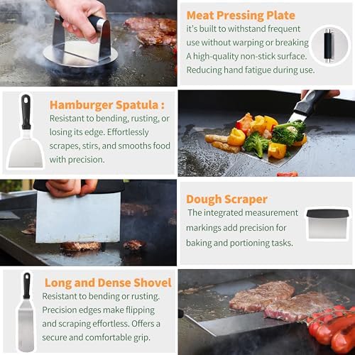 Griddle Accessories Kit for Blackstone – 14 PCS Flat Top Grill Tools Set with Stainless Steel Spatulas, Scraper & Bottles, Carry Bag Included – Outdoor BBQ Gift for Men