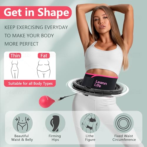 Leann L!fe U1-32 Knots 18”- 65”, Magnetic Lock Smart Weighted Hula Hoop for Kids & Adults Weight Loss, Infinity Hoop Plus Size, Fitness Exercise, Abdominal Toner, Black-Black Ball