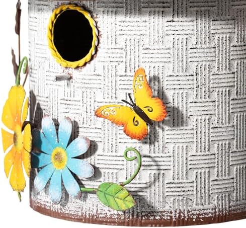 Glitzhome 11" H Distressed Metal Cottage Decorative Birdhouse with a Cluster of 3D Flowers and Butterfly Hanging Bird House for Garden Patio Backyard