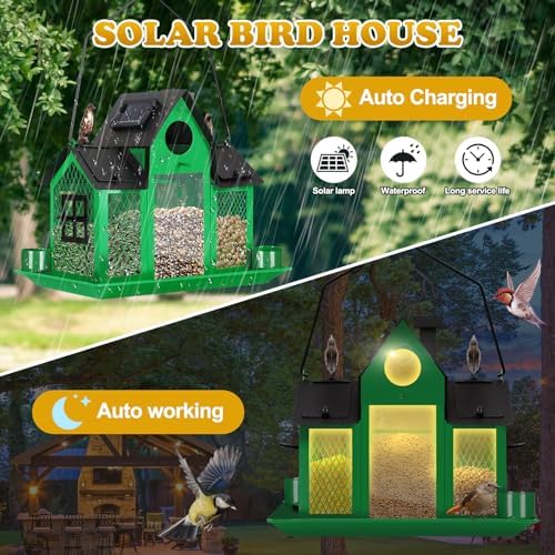 Solar Bird Feeders House for Outside Hanging, Metal Wild Bird Feeder for Outdoors, Large Cardinal Bird Feeder Birdhouses Green