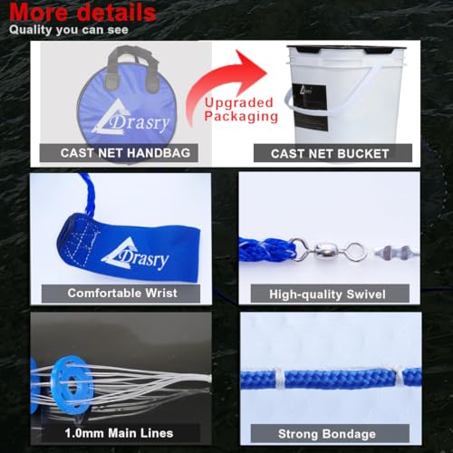 Drasry Saltwater Fishing Cast Net 3/8 and 1/4 Mesh with Heavy Duty Gray Sinker American Monofilament Fish Throw Net for Bait Trap 3FT 4FT 5FT 6FT 7FT 8FT 9FT Radius 1/4, 3FT Radius /90cm