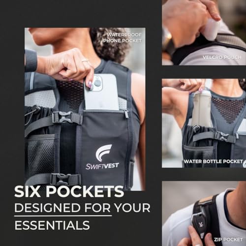 SWIFTVEST Running Phone Holder Vest with 500ml/17oz Running Water Bottle | Waterproof Pouch | Reflective Hydration Vest | Adjustable | Lightweight | 6 Pockets for Running Accessories - Men & Women