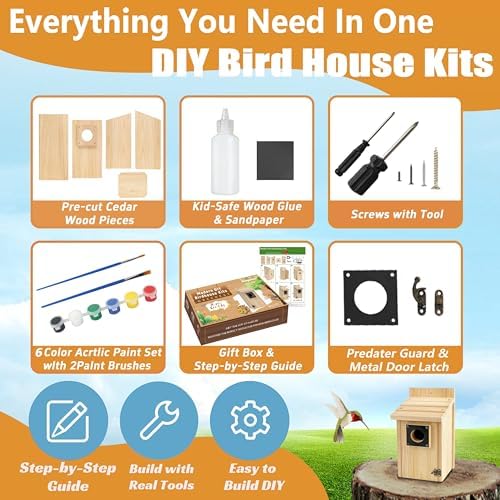 2 Pack Wood Bird Houses for Outside with Paint Set for Bluebird Finch Swallow Wren Chickadee, Crafts & DIY Birdhouse Kits for Adults & Kids to Build