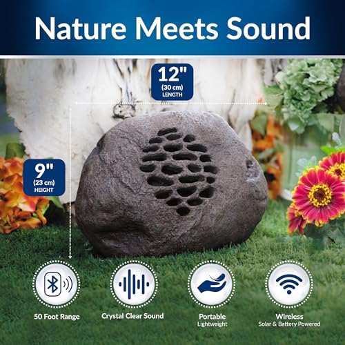 Alpine Corporation Weather-Resistant Bluetooth Solar-Powered Outdoor Wireless Rock Speaker - Set of 2