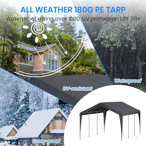 Carport 10x20 Heavy Duty Portable Garage,Galvanized Frame Carport Canopy,Portable Garages and Shelters with 8 Leg&4 Wind Rope,Car Tent Garage with All-Season Tarp for Boat Truck Bike,Without Sidewall