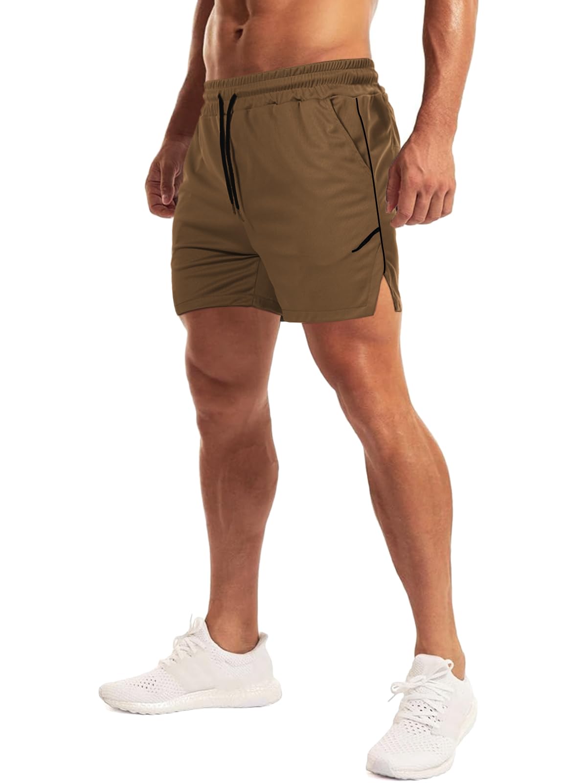 Aolesy Mens Workout Shorts with Zipper Pocket 5 Inch Lightweight Gym Running Shorts Linerless Bodybuilding Training Athletic Shorts Khaki