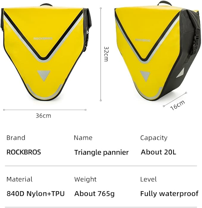 ROCKBROS Bike Pannier Waterproof 27L Large Capacity Bike Bag Rear Rack Bicycle Pannier Bag Waterproof for Grocery Touring Cycling Triangle Yellow*1