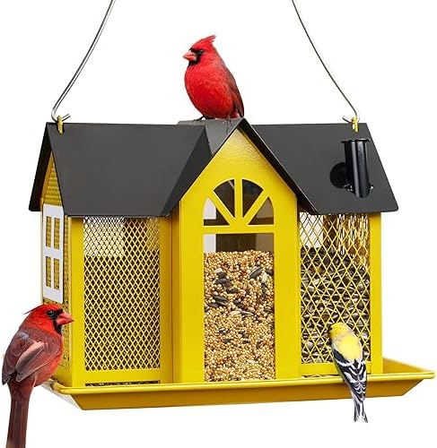 Kingsyard Bird Feeder House for Outside, Metal Mesh Wild Bird Feeder with Triple Feeders for Finch Cardinal Chickadee, Large Capacity, Weatherproof and Durable, Yellow