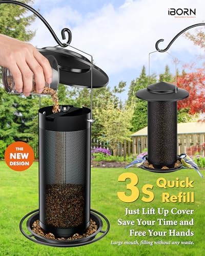 iBorn Bird Feeders for Outdoors, All Metal Mesh Tube, Holding Bird Seed for Outside Feeders,18cm Large Roof, Black, 2.8lb(Seed is not Included)