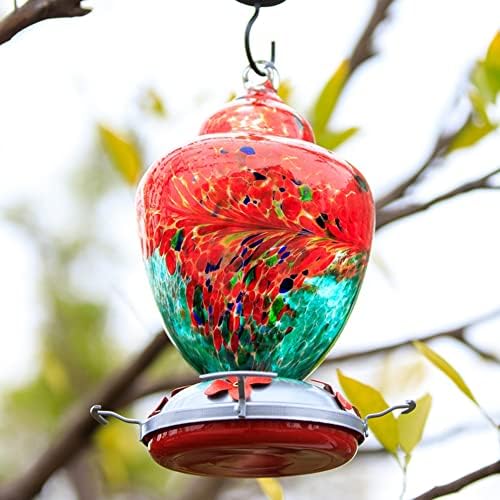 REZIPO Hummingbird Feeder with Perch - Hand Blown Glass - 38 Fluid Ounces Hummingbird Nectar Capacity Include Hanging Wires and Moat Hook (Red-Green)