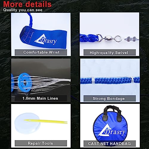 Drasry Saltwater Fishing Cast Net 3/8 and 1/4 Mesh with Heavy Duty Gray Sinker American Monofilament Fish Throw Net for Bait Trap 3FT 4FT 5FT 6FT 7FT 8FT 9FT Radius 1/4, 3FT Radius /90cm