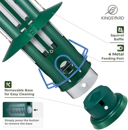Kingsyard Squirrel Proof Bird Feeder with Removable Base, All Metal, Tube Bird Feeders for Outdoors Hanging, Easy to Clean & Refill, Dark Green