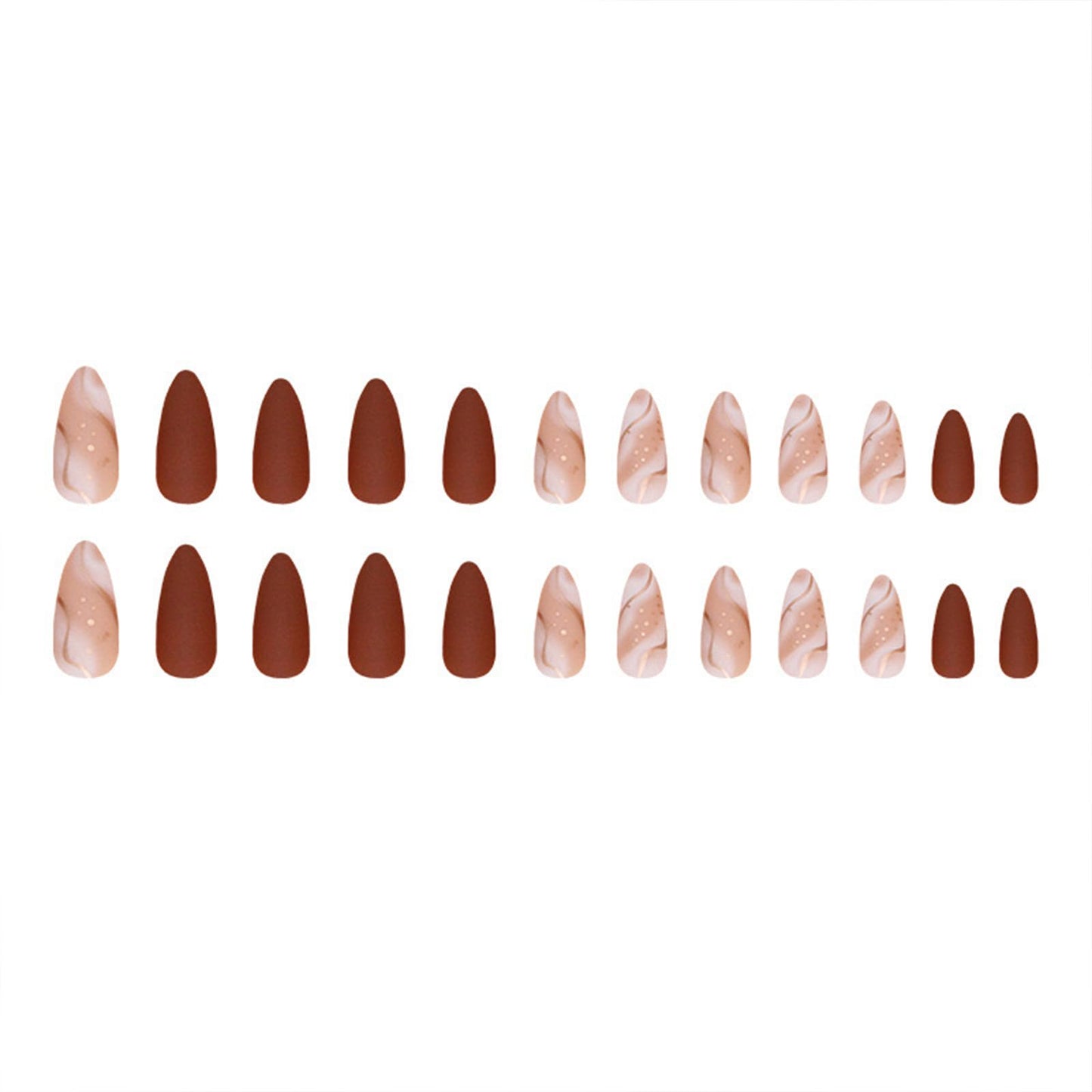 Almond Press on Nails Medium Fake Nails with Designs Brown False Nails Press ons Gold Line Acrylic Glue on Nails Matte Full Cover Cute Artificial Stick on Nails for Women Nails Decorations 24Pcs
