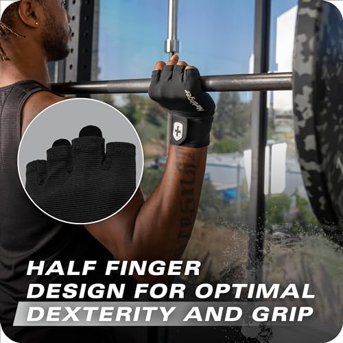 Harbinger Pro Wristwrap Gloves 3.0 - Enhanced Grip, Superior Wrist Support, Breathable 4-Way Stretch Lycra, Durable Leather Palm, Half-Finger Design for Weightlifting, Gym, Black, Small - Men's