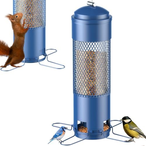 Bird Feeders for Outdoors Squirrel Proof with Weight-Activated Perches, Hanging Bird Feeder for Outside, Metal Feeder for Wild Cardinal, Finch, Blue Jay, Chickadee, 3LB Seed Capacity, Blue