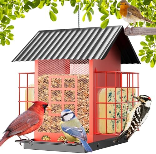 Bird Feeders for Outdoors Hanging, Metal Bird Feeder with Double Suet Cage Cake, Large Capacity, Birdfeeders Sturdy & Weatherproof, Easy to Clean & Refill, Great for Attracting Wild Birds