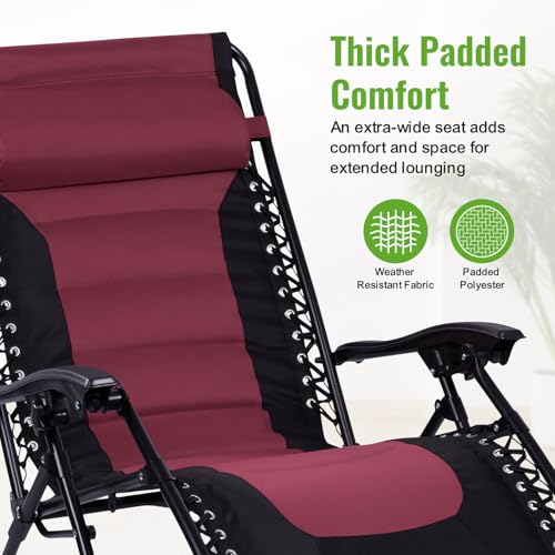 Backyard Expressions Deluxe XL Padded Recliner Chair – Ergonomic Anti-Gravity Lounger with Folding Design, Side Tray, and Adjustable Headrest
