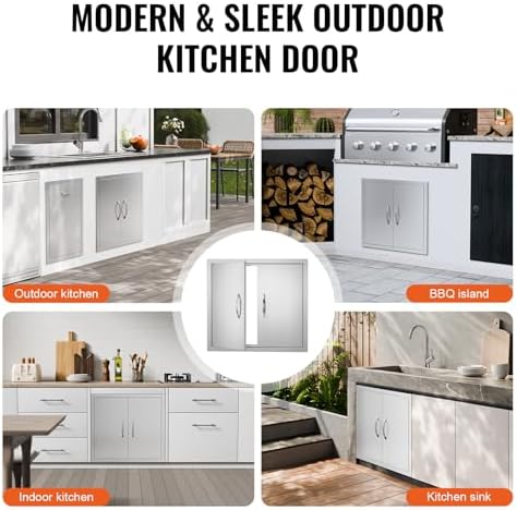 VEVOR BBQ Access Door, 26W x 24H Inch Double Outdoor Kitchen Door, Stainless Steel Flush Mount Door, Wall Vertical Door with Handles, for BBQ Island, Grilling Station, Outside Cabinet, Silver