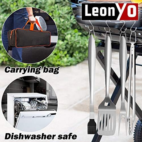 Leonyo Grill Tools Set of 6, 18Inch Extra-Long BBQ Tool Set, Heavy-Duty Barbecue Grilling Accessories, Stainless Steel Spatula, Fork, Tong, Basting Brush, Cleaning Brush, Carrying Bag