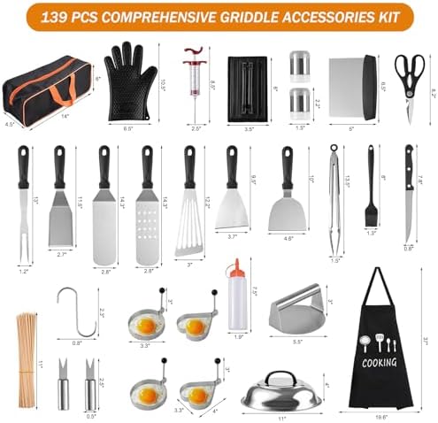 139 Pcs Griddle Accessories Kit for Blackstone Griddles - Upgraded Flat Top Grill Accessories with Enlarged Spatulas, Melting Dome, Scraper BBQ, Perfect for Outdoor Grilling, Camping, Father’s Day