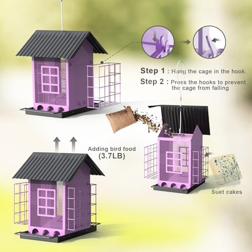 Bird Feeders for Outdoors Hanging, Metal Bird Feeder with Double Suet Cage Cake, Large Capacity, Birdfeeders Sturdy & Weatherproof, Easy to Clean & Refill, Great for Attracting Wild Birds
