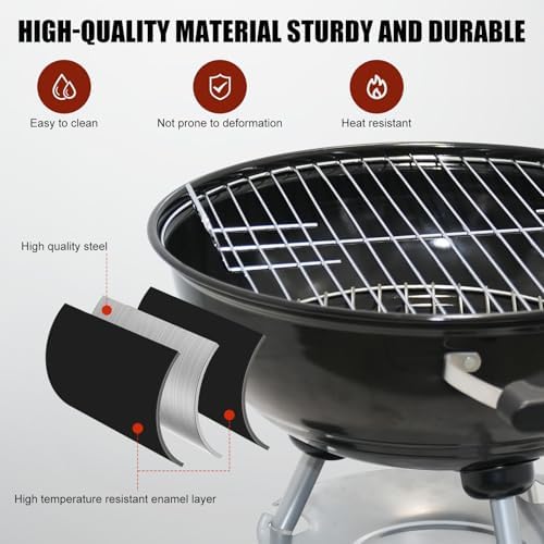 18 inch Charcoal Grill, Portable Kettle Barbecue Grills,Durable & Easy to Assemble, Round Smoker/BBQ Grill with Wheels for Backyard, Camping, Patio and Beach, Black