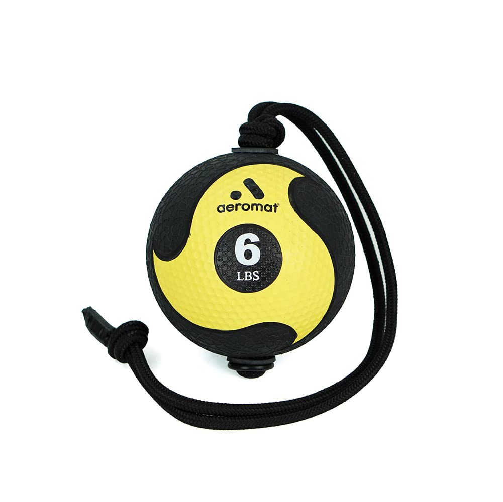 AEROMATS Elite Power Rope Medicine Ball for Core Strength/Rotational Movements Training - 6 lbs - Black/Yellow - 9" Diameter - 39" Rope
