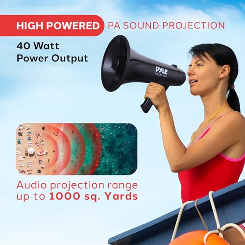 Pyle Portable Megaphone Speaker PA Bullhorn - Built-in Siren, 40W Adjustable Vol Control & 1000 Yard Range, Ideal for Any Outdoor Sports, Cheerleading Fans Coaches & Safety Drills, Black - PMP43IN
