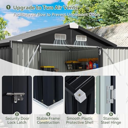 Aoxun 6.2x4 FT Shed Outdoor Galvanized Storage Shed with Large Lockable Doors for Lawn, Backyard, Patio (Black/Galvanized Base Included)