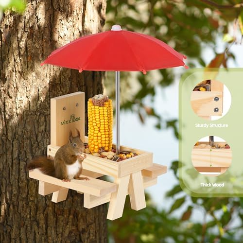 MIXXIDEA Squirrel Feeder Table with Umbrella, Wooden Squirrel Picnic Table Feeder, Sturdy Squirrels Feeder Corn Cob Holder, with Solid Structure and 2 x Thick Benches(1pk)