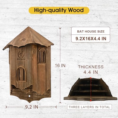 Wooden Castle Bat Houses for Outside Bat Box for Outdoors - Large Three Chamber Box Perfectly Designed to Attract Bats - Durable and Easy to Hang (Bat House Ⅰ Brown)
