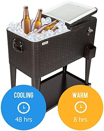 VINGLI 80 Quart Rolling Ice Chest, Portable Patio Party Bar Drink Cooler Cart, with Shelf, Beverage Pool with Bottle Opener (Brown)