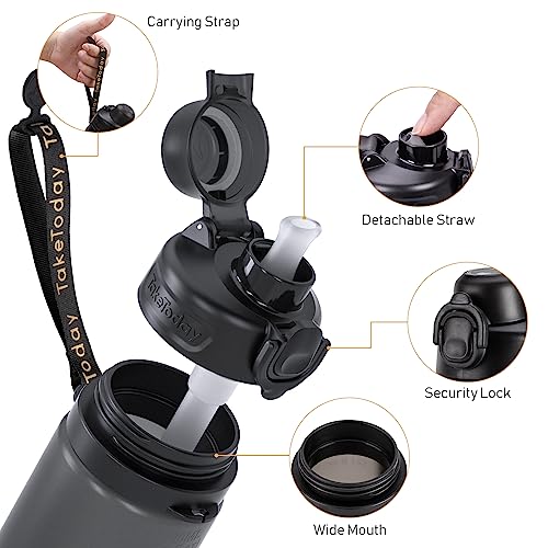 TakeToday Collapsible Water Bottles 20oz, Leak Proof, BPA-Free, Foldable Silicone Travel Water Bottle with Straw Strap for Cycling, Hiking, Outdoors (Black)