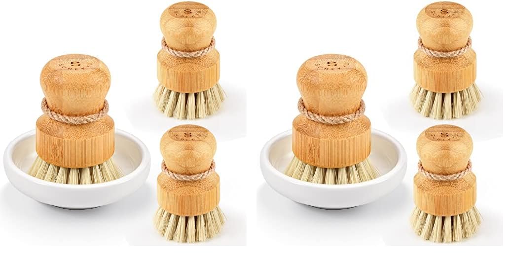 Bamboo Dish Scrub Brushes by Subekyu, Kitchen Wooden Cleaning Scrubbers Set for Washing Cast Iron Pan/Pot, Natural Sisal Bristles, Set of 3