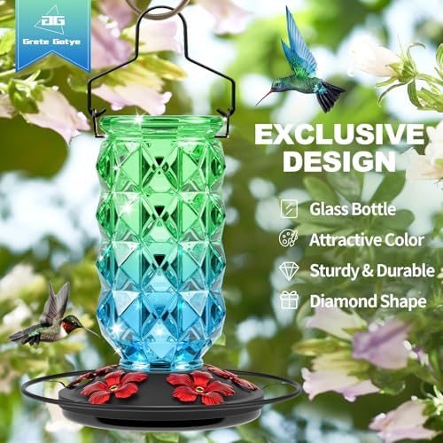 2 Pack Glass Hummingbird Feeders for Outdoors, 25 Ounces Wild Bird Nectar Feeder with Perch & 5 Flower Feeding Ports Leak Proof Hanging for Garden Backyard Decor, Gifts for Women Mom, Red & GreenBlue