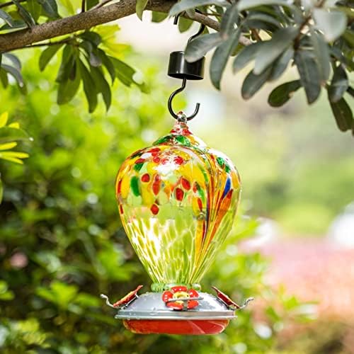 Muse Garden Hummingbird Feeders for Outdoors Hanging, Blown Glass Hummingbird Feeder, Hummingbird Gifts for Mom, Garden Decor for Outside, Unique Gifts Idea for Women, 34 OZ, Green Fireworks