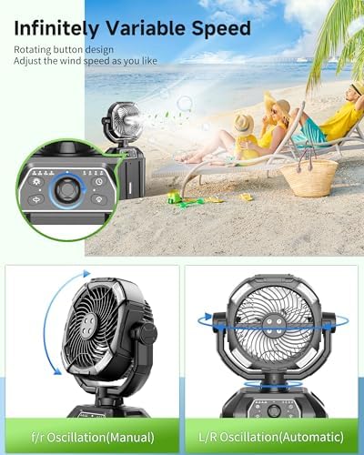 Misting fan with 7L bucket 90°Oscillating ,4 Spray Mister 25000mAh Rechargeable Camping fan with Remote Control Stepless Speed and Timer for Patios/Camping,Waterproof Design Outdoor Fans (Black)
