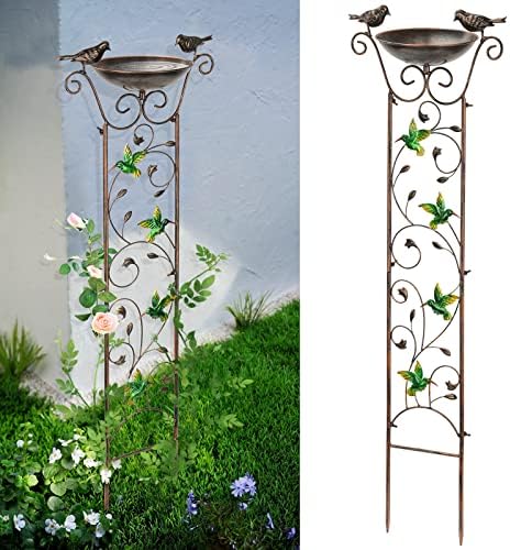 Antique Garden Iron Trellis with Decorative Hummingbirds Detachable Bird Bath Bowl Metal Potted Plant Support for Climbing Flowers