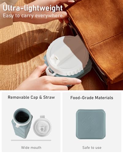Opard Collapsible Water Bottles 21 Oz - BPA Free, Leak Proof, Foldable Silicone Collapse Water Bottle with Straw, Easy to Compact and Expandable, Travel Essentials Accessories