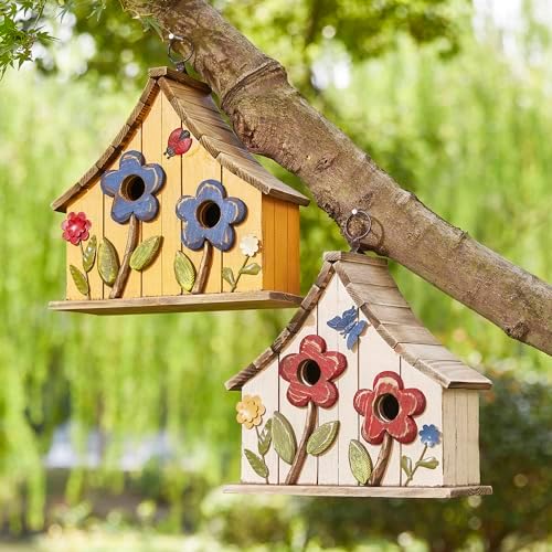 Glitzhome Hanging Birdhouses for Outside, 10.75" L Distressed Solid Wood Birdhouse with 3D Flowers Rustic Two-Story Townhouse Hand-Painted Bird Houses for Outdoors,Washed Yellow