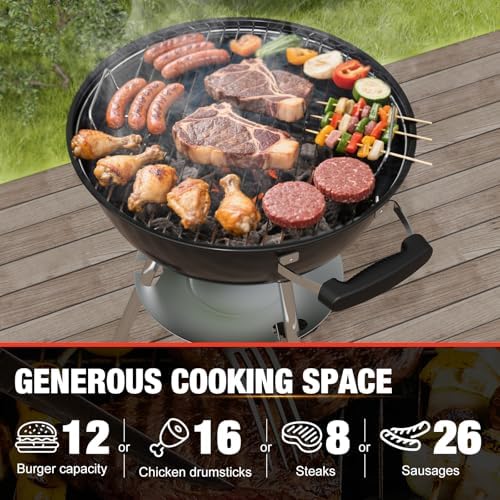 18 inch Charcoal Grill, Portable Kettle Barbecue Grills,Durable & Easy to Assemble, Round Smoker/BBQ Grill with Wheels for Backyard, Camping, Patio and Beach, Black