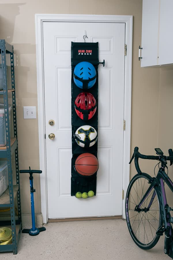 Gear Zone Hanging Sports Equipment Organizer | Multi-Purpose | Garage Sports Ball Storage | For Basketball Football Volleyball Tennis Soccer Biking | Toy Storage | Includes Hook & Pump
