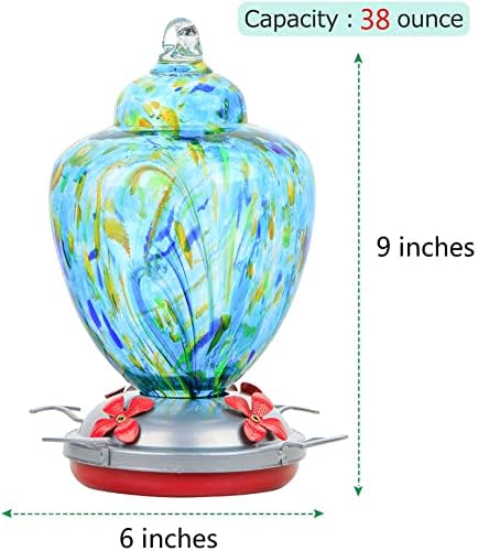 REZIPO Hummingbird Feeder with Perch - Hand Blown Glass - Light Green - 38 Fluid Ounces Hummingbird Nectar Capacity Include Hanging Wires and Moat Hook